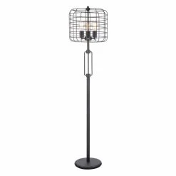 Coupon ???? Pull Chain ORE International 3-Light 63 In. Powder ???? Coated Industrial Cage Edison Floor Lamp ????